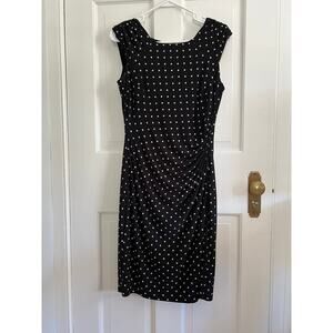 Lauren Ralph Lauren Polka Dot Ruched Midi Sheath Dress Black White Women's 8